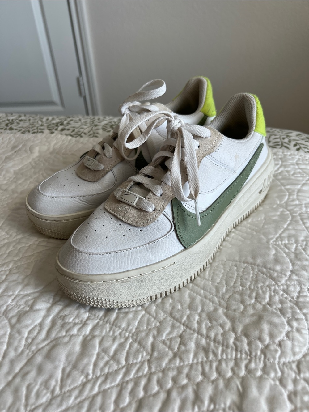 Nike White Sneakers with Olive Green Swoosh and Neon Yellow Heel